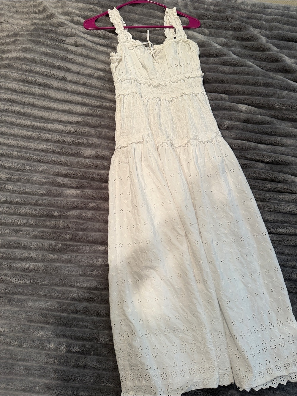 White Eyelet Smocked Midi Dress with Ruffled Straps